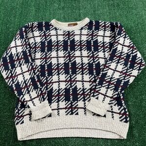 VTG Authentic Issue Men's Sweater Large Navy Cream Cotton Plaid Crewneck USA 90s